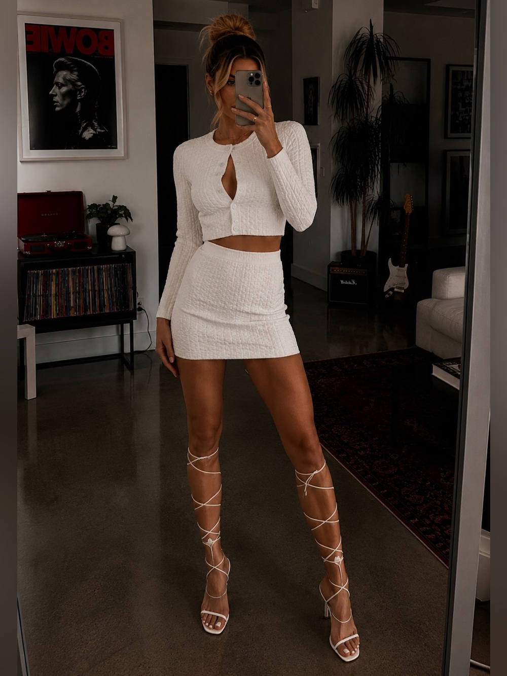 Alexander Wang Ivory Jacquard Logo Crop Snap Front Cardigan Womens Small EUC